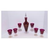 Vintage Cranberry Etched Glass Wine Decanter Set w/ Stopper & 6 Matching Goblets