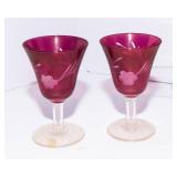 Vintage Cranberry Etched Glass Wine Decanter Set w/ Stopper & 6 Matching Goblets