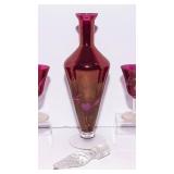 Vintage Cranberry Etched Glass Wine Decanter Set w/ Stopper & 6 Matching Goblets