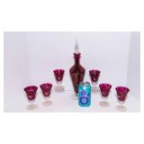 Vintage Cranberry Etched Glass Wine Decanter Set w/ Stopper & 6 Matching Goblets