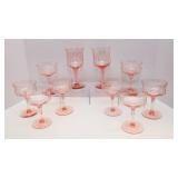 Set of Pink Depression Etched Glassware – 8 Champagne Coupes & 2 Wine Glasses