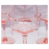 Set of Pink Depression Etched Glassware – 8 Champagne Coupes & 2 Wine Glasses