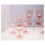 Set of Pink Depression Etched Glassware – 8 Champagne Coupes & 2 Wine Glasses