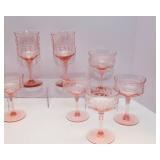Set of Pink Depression Etched Glassware – 8 Champagne Coupes & 2 Wine Glasses