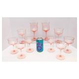 Set of Pink Depression Etched Glassware – 8 Champagne Coupes & 2 Wine Glasses