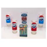 Pepsi-Cola Glassware Lot + Hallmark Pepsi Piggy Bank Collectibles