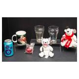 Coca-Cola Collectibles Lot – Plush Wolf & Polar Bear, Santa Mug, Glassware & Yo-Yo