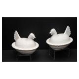 Set of 2 Hen on Nest Covered Glass Candy Dishes – Vintage Chicken Lidded Bowls