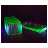 Hazel Atlas Green Uranium Glass Criss Cross Refrigerator Dish w/ Lid – UV Reactive