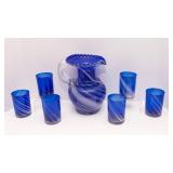 Blue Swirl Glass Pitcher Set – Ruffled Edge Pitcher with 6 Matching Glasses