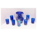 Blue Swirl Glass Pitcher Set – Ruffled Edge Pitcher with 6 Matching Glasses