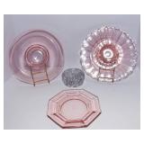 Pink Depression Glass Platters + Clear Glass Flower Frog
