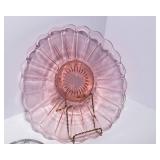 Pink Depression Glass Platters + Clear Glass Flower Frog