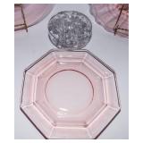 Pink Depression Glass Platters + Clear Glass Flower Frog