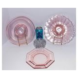 Pink Depression Glass Platters + Clear Glass Flower Frog