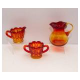 Vintage L.E. Smith Sun & Moon Creamer & Sugar Set + Amberina Pitcher (1960s MCM)