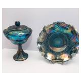 Vintage Carnival Glass Grape Harvest Wedding Bowl w/ Lid + Blue Ruffle Hostess Plate
