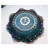 Vintage Carnival Glass Grape Harvest Wedding Bowl w/ Lid + Blue Ruffle Hostess Plate