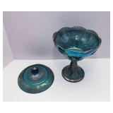 Vintage Carnival Glass Grape Harvest Wedding Bowl w/ Lid + Blue Ruffle Hostess Plate