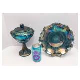 Vintage Carnival Glass Grape Harvest Wedding Bowl w/ Lid + Blue Ruffle Hostess Plate