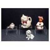 Set of 4 Vintage Ceramic Figurines – Puss n Boots Pitcher, Homco Bird, Pie Bird & Dog