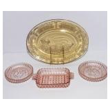 Pink Depression Glass Set + Amber Glass Platter