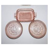 Pink Depression Glass Set + Amber Glass Platter