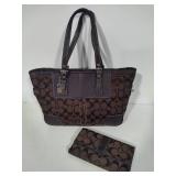 Authentic Coach Signature Series Brown Leather/Canvas Matching Purse & Wallet