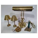 Brass Piano Lamp & Asst Candleholders