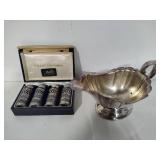 Silver Plated Cobalt Salt & Pepper Set + Gravy Boat