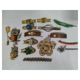 Owl Brooches & Asst Vintage Hair Clips/Pins