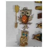 Owl Brooches & Asst Vintage Hair Clips/Pins