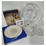 Assorted Glassware, Memory Plate & Candle Holders