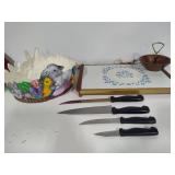 Vintage Warming Plate, Nut Dish, Easter Bowl and Knives