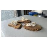 3 crystal clusters on calcite with wood bases. (Lot 3)