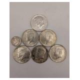 Lot Of 6 1964 Kennedy Halves And 1 90% Silver Dime