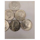 Lot Of 6 1964 Kennedy Halves And 1 90% Silver Dime