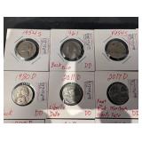 Assorted Jefferson Nickel Error Coins - 1954S, 1961D, 1980D, 1998P, 2011D