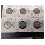 Assorted Jefferson Nickel Error Coins - 1954S, 1961D, 1980D, 1998P, 2011D