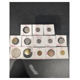 World Coin Assortment (13 Coins) - Swiss 20 Rappen, 1 Franc & UK 10 Pence