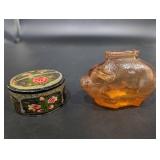 Amber Glass Bottle and Hand Painted Tin Containers