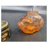 Amber Glass Bottle and Hand Painted Tin Containers