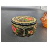Amber Glass Bottle and Hand Painted Tin Containers