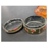 Amber Glass Bottle and Hand Painted Tin Containers