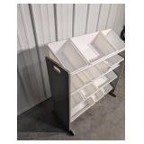 Storage Rack with Plastic Bins on Metal Shelving Unit