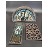 Stained Glass Panel Set - Iris Floral Arch Panel with Wood Frame and Iron Grille (Lot of 4)