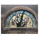 Stained Glass Panel Set - Iris Floral Arch Panel with Wood Frame and Iron Grille (Lot of 4)