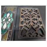 Stained Glass Panel Set - Iris Floral Arch Panel with Wood Frame and Iron Grille (Lot of 4)