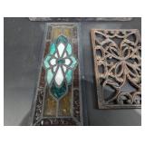 Stained Glass Panel Set - Iris Floral Arch Panel with Wood Frame and Iron Grille (Lot of 4)