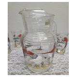 Hazel-Atlas Glass Company Pitcher with 8 Glasses.  These glasses feature the  "Pheasants" pattern, produced roughly 1950
